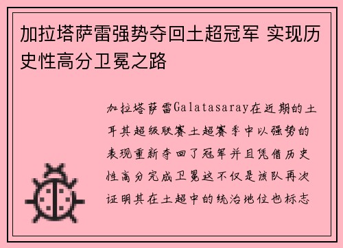 加拉塔萨雷强势夺回土超冠军 实现历史性高分卫冕之路 加拉塔萨雷强势夺回土超冠军 实现历史性高分卫冕之路