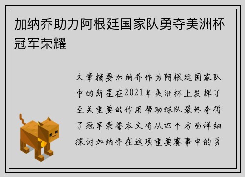 加纳乔助力阿根廷国家队勇夺美洲杯冠军荣耀 加纳乔助力阿根廷国家队勇夺美洲杯冠军荣耀